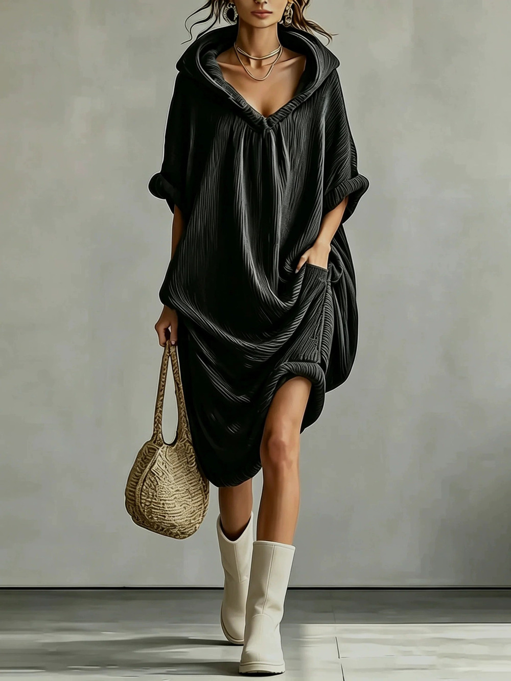 ZARA Womens Dark Textured Pleated Hoodie Midi Dress Loose Casual Slit Slimming